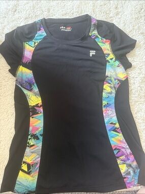 Fila Black Athletic Tee with Neon Geometric Panels